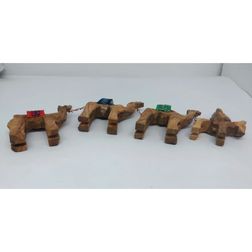 Vtg Donkey Camel Caravan Train Figurines Hand Carved Olive Wood Jerusalem 4 pc.
